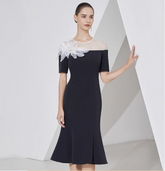 midi flare dress with sheer sequin neckline and floral appliqué - LILIA